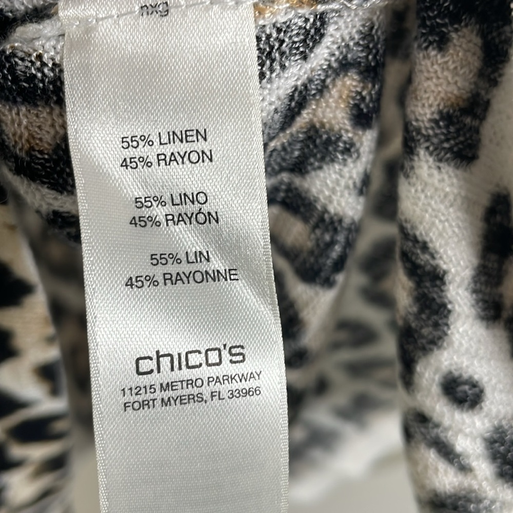CHICO’S XL Leopard Print Linen Blend Round Neck 3/4‎ Sleeve Sweater Lightweight - Picture 2 of 8